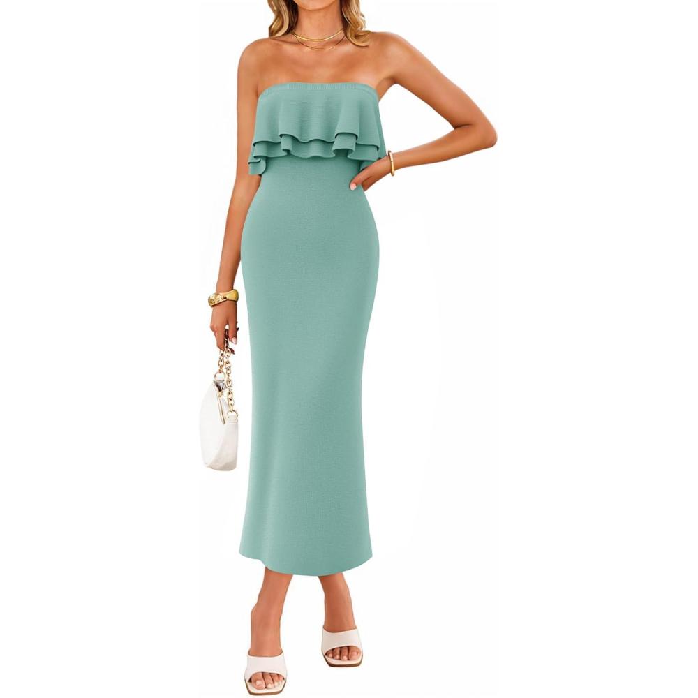 imageZESICA Womens Summer Off Shoulder Bodycon Midi Dress 2026 Spring Strapless Ruffle Knit Split Cocktail Party Long DressesSage