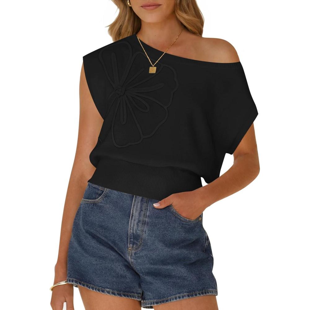 imageZESICA Womens Summer Off Shoulder Floral Sweaters 2026 Cap Sleeve Loose Knit Cute Pullover Tops Trendy ClothesBlack