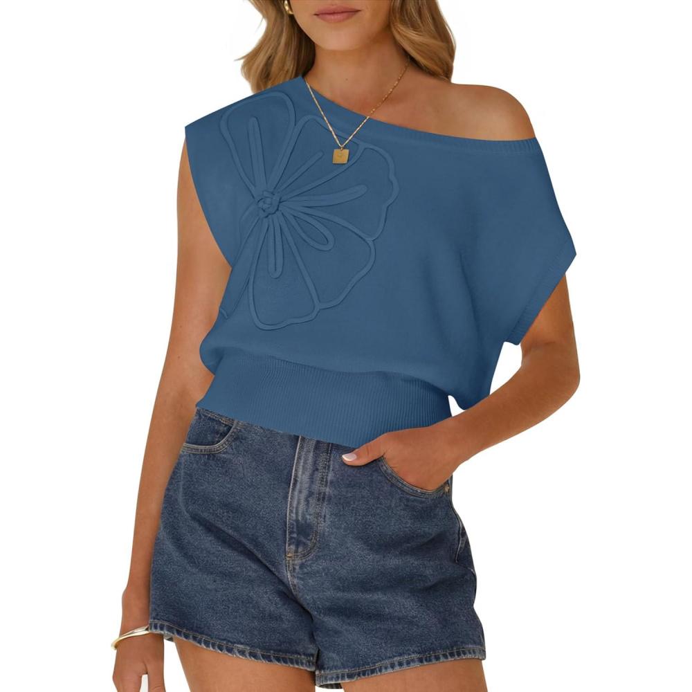 imageZESICA Womens Summer Off Shoulder Floral Sweaters 2026 Cap Sleeve Loose Knit Cute Pullover Tops Trendy ClothesDustyblue