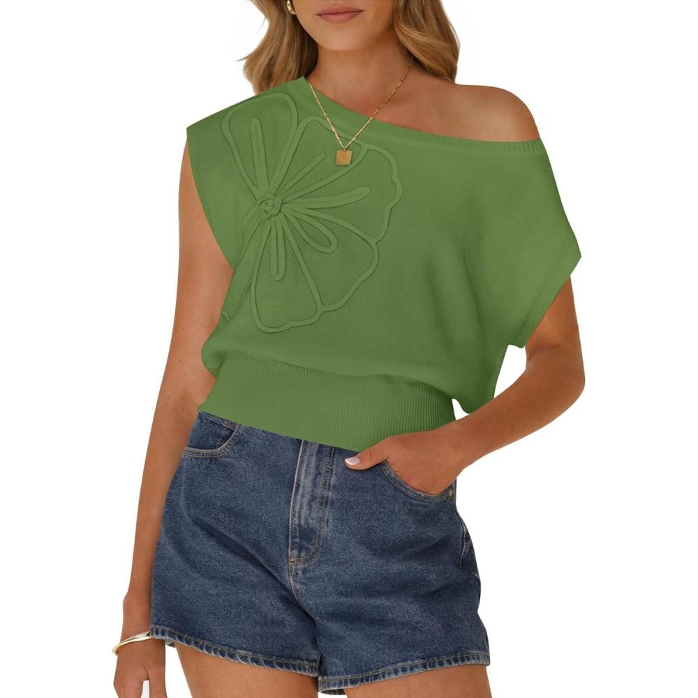 imageZESICA Womens Summer Off Shoulder Floral Sweaters 2026 Cap Sleeve Loose Knit Cute Pullover Tops Trendy ClothesGreen