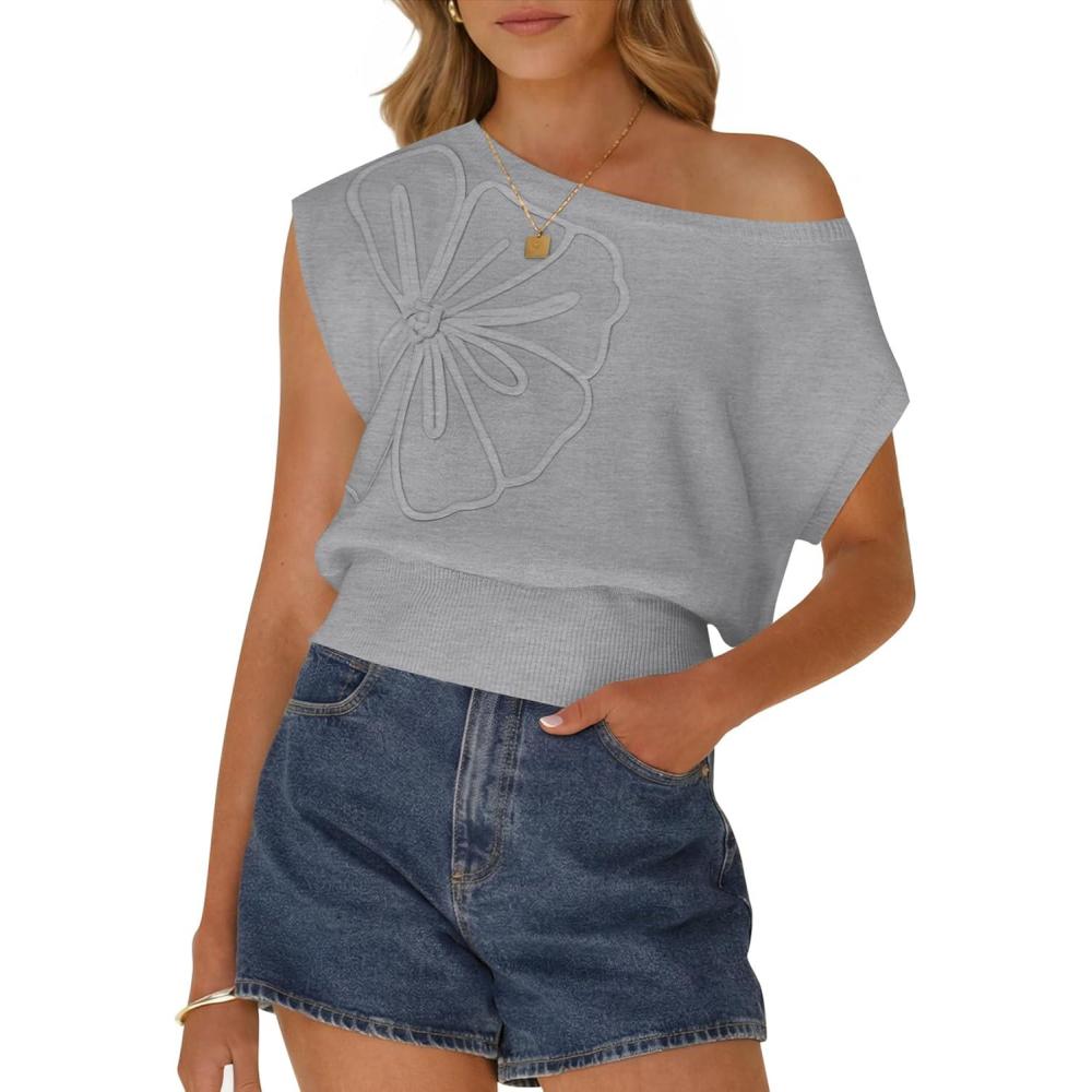 imageZESICA Womens Summer Off Shoulder Floral Sweaters 2026 Cap Sleeve Loose Knit Cute Pullover Tops Trendy ClothesGrey