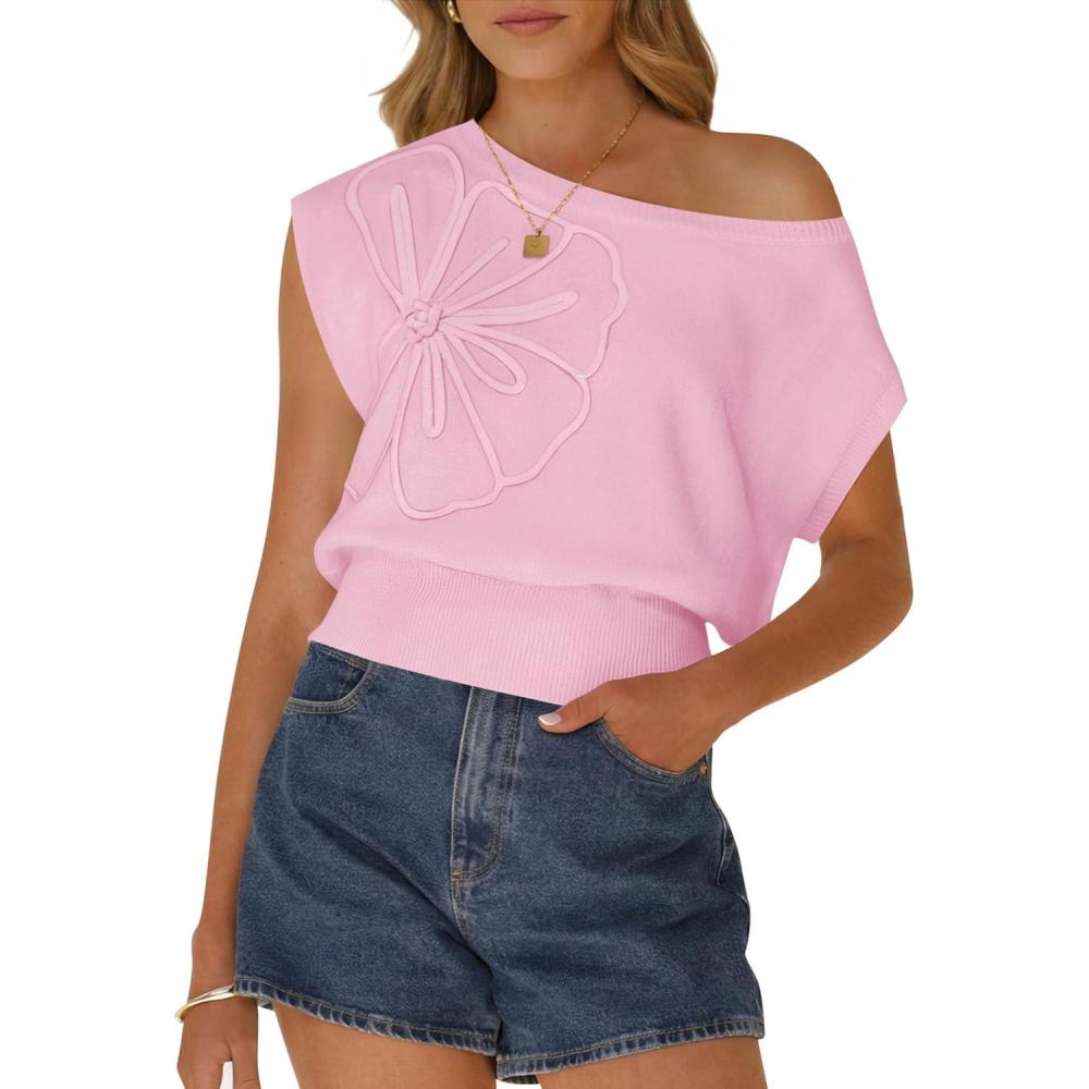 imageZESICA Womens Summer Off Shoulder Floral Sweaters 2026 Cap Sleeve Loose Knit Cute Pullover Tops Trendy ClothesPink