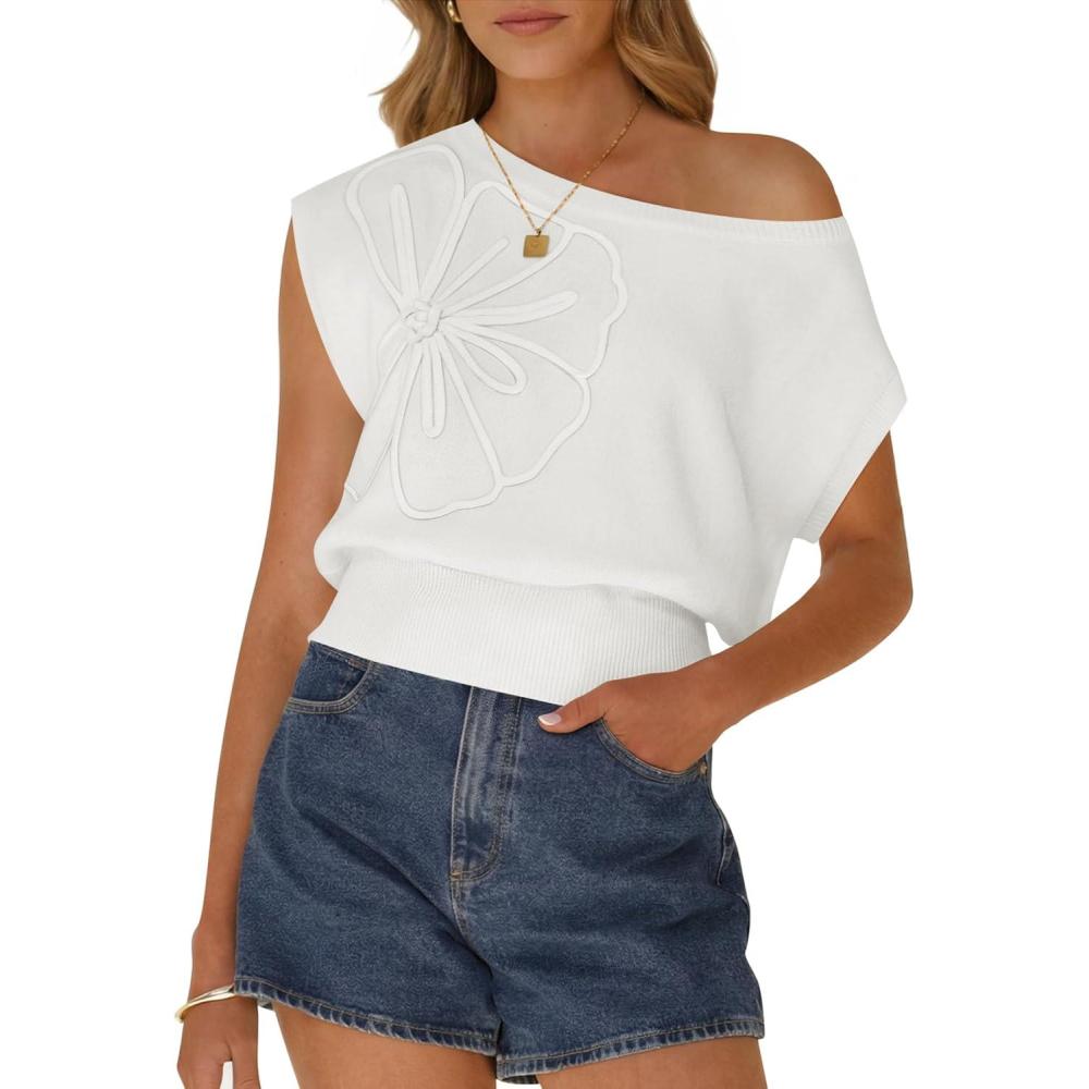 imageZESICA Womens Summer Off Shoulder Floral Sweaters 2026 Cap Sleeve Loose Knit Cute Pullover Tops Trendy ClothesWhite
