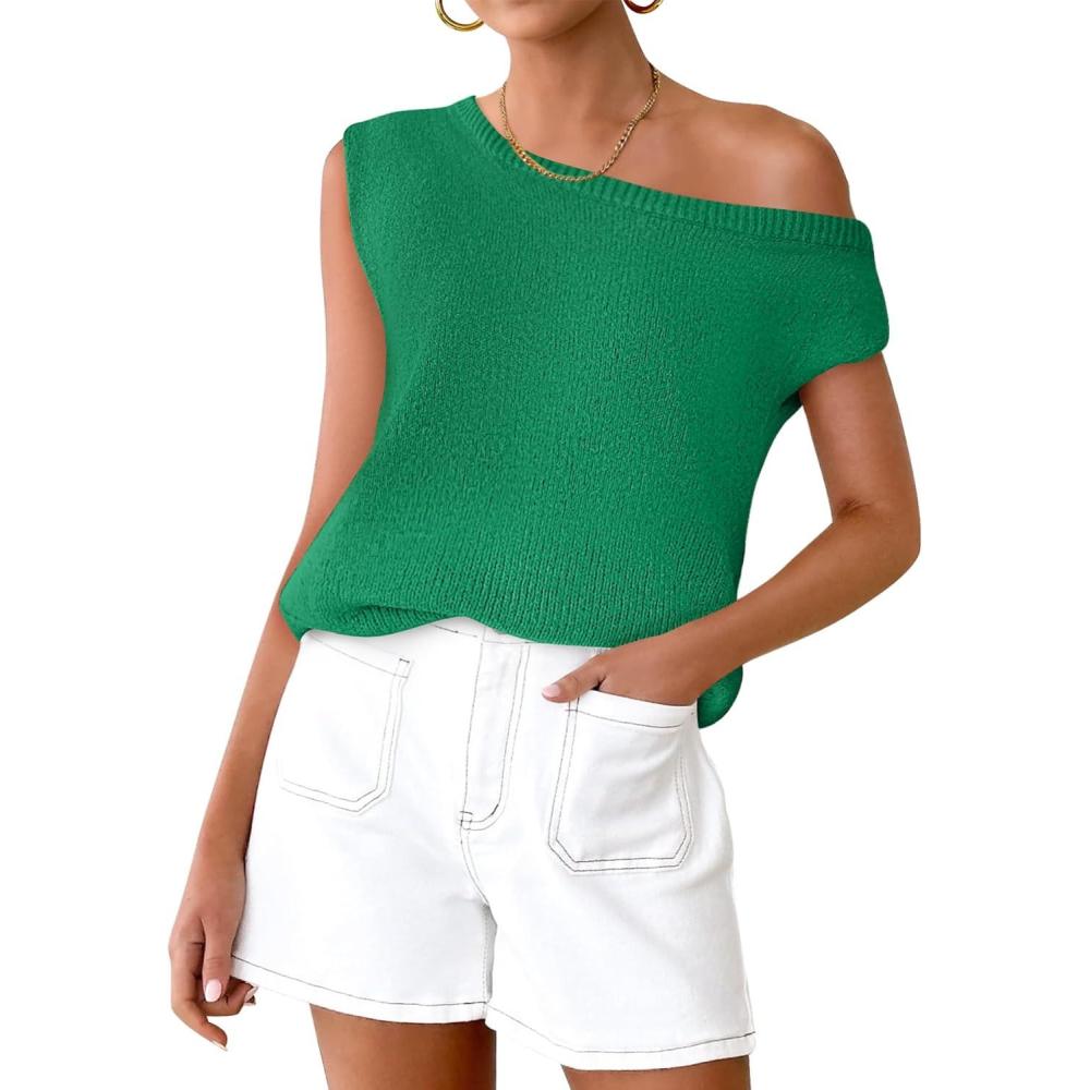 imageZESICA Womens Summer Off The Shoulder Knit Tops 2026 Casual Short Sleeve Oversized ShirtGreen