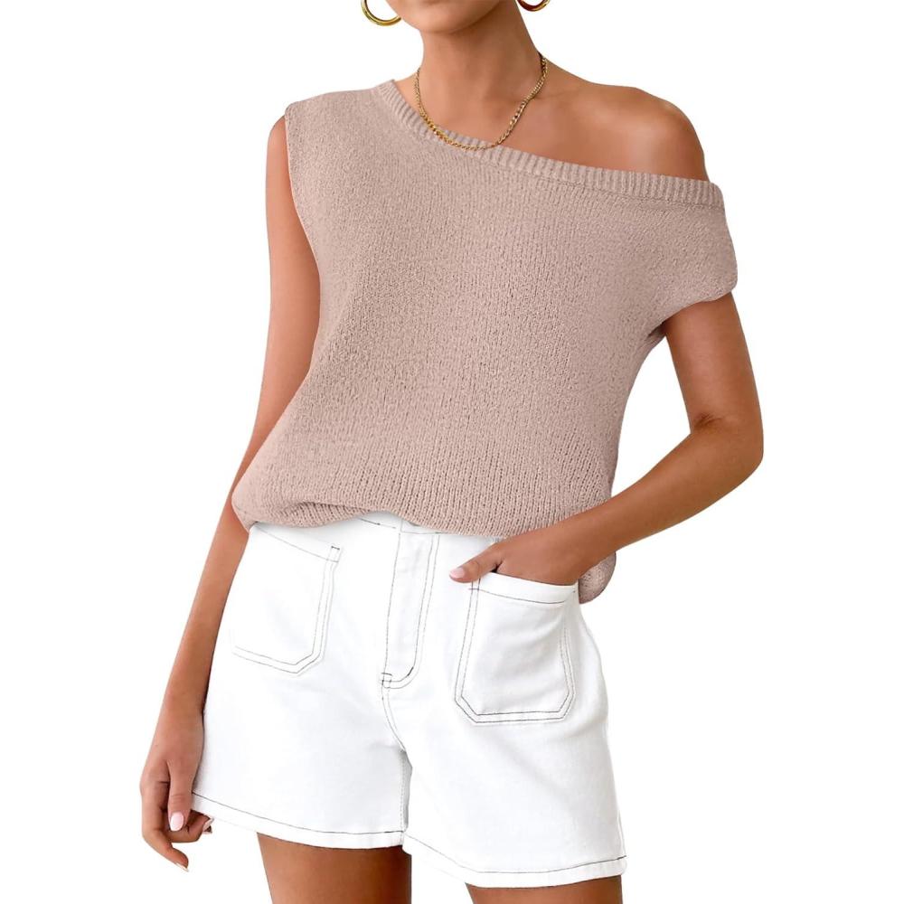 imageZESICA Womens Summer Off The Shoulder Knit Tops 2026 Casual Short Sleeve Oversized ShirtNatural