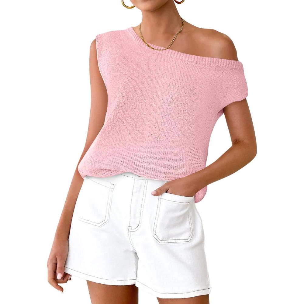 imageZESICA Womens Summer Off The Shoulder Knit Tops 2026 Casual Short Sleeve Oversized ShirtPink
