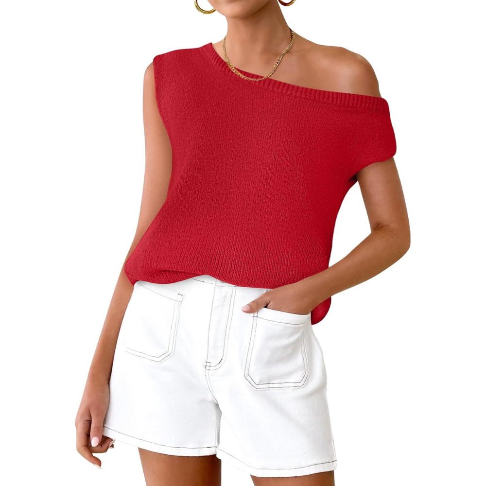 imageZESICA Womens Summer Off The Shoulder Knit Tops 2026 Casual Short Sleeve Oversized ShirtRed