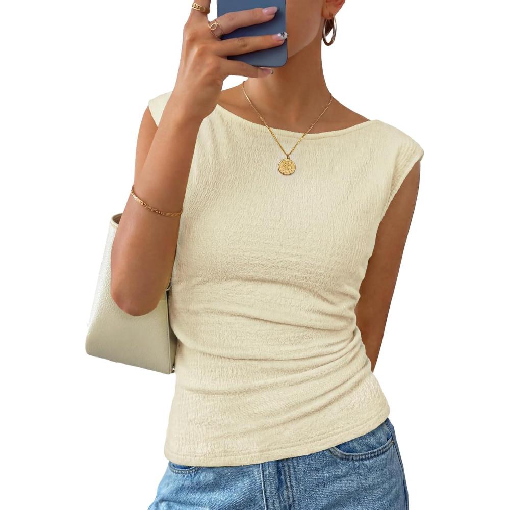imageZESICA Womens Summer Ruched Trendy Tank Top 2026 Cap Sleeve Boat Neck Slim Fit Spring Tops Going Out Tee Shirts FashionApricot