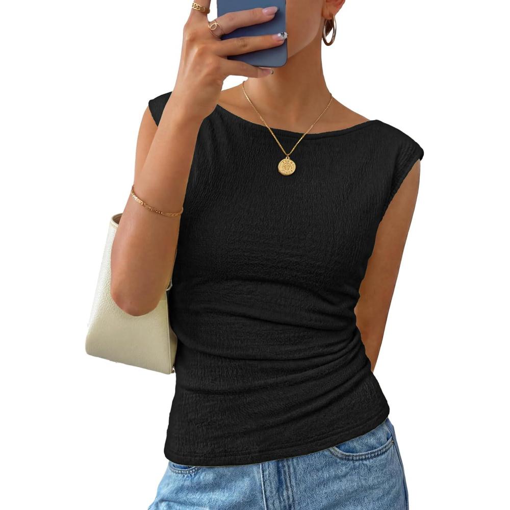 imageZESICA Womens Summer Ruched Trendy Tank Top 2026 Cap Sleeve Boat Neck Slim Fit Spring Tops Going Out Tee Shirts FashionBlack