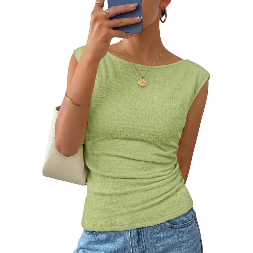 imageZESICA Womens Summer Ruched Trendy Tank Top 2026 Cap Sleeve Boat Neck Slim Fit Spring Tops Going Out Tee Shirts FashionGrassgreen