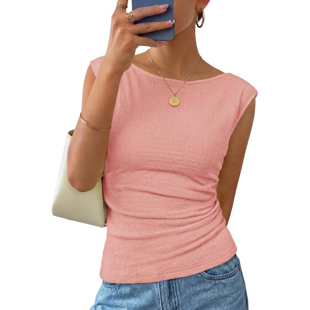 imageZESICA Womens Summer Ruched Trendy Tank Top 2026 Cap Sleeve Boat Neck Slim Fit Spring Tops Going Out Tee Shirts FashionPink