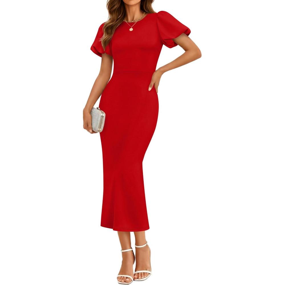 imageZESICA Womens Summer Short Sleeve Bodycon Midi Dress 2026 Spring Elegant Formal Wedding Guest Cocktail Party DressesRed