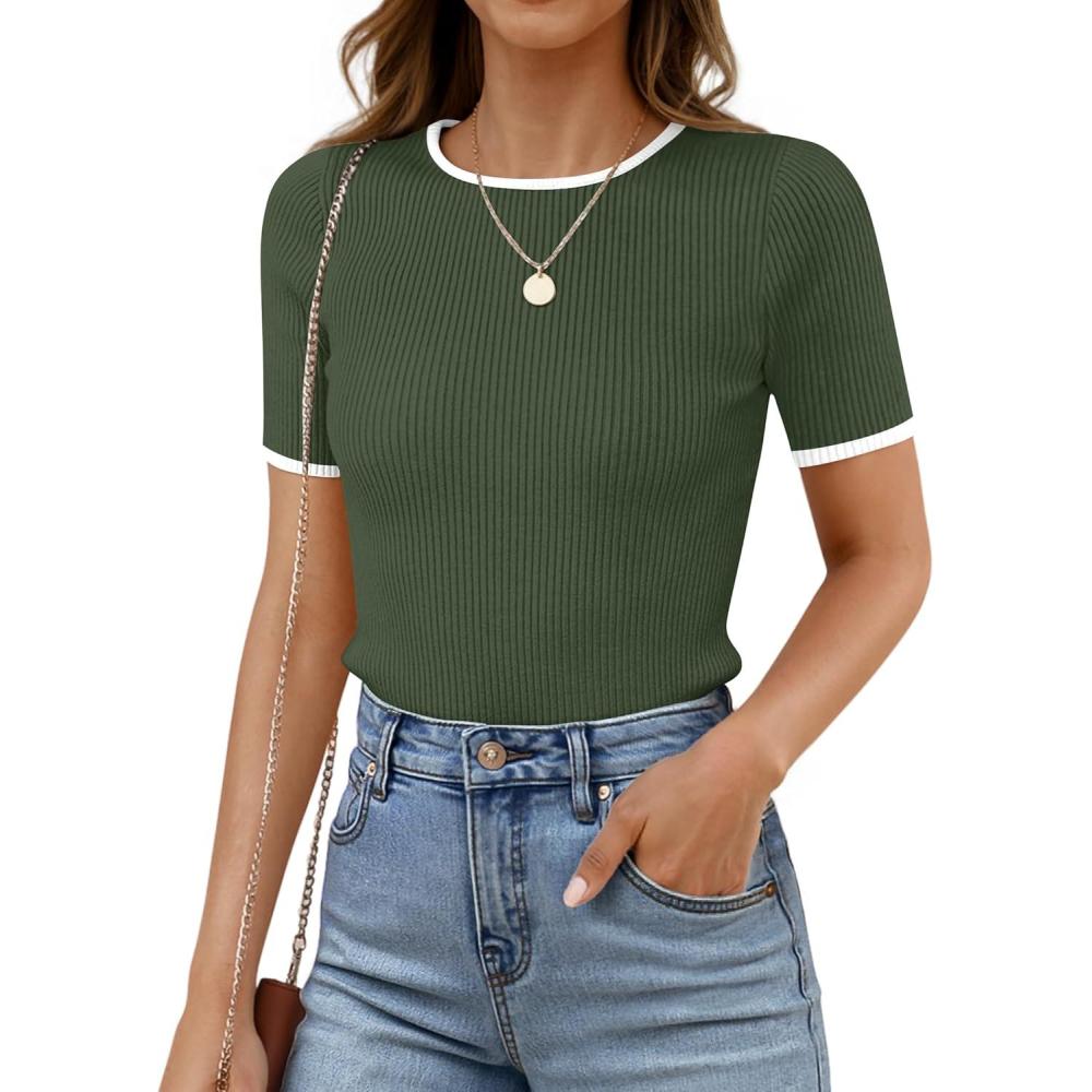 imageZESICA Womens Summer Short Sleeve Ribbed Knit Slim Fit T Shirt 2026 Crewneck Basic Casual Color Block Tee TopsArmygreen