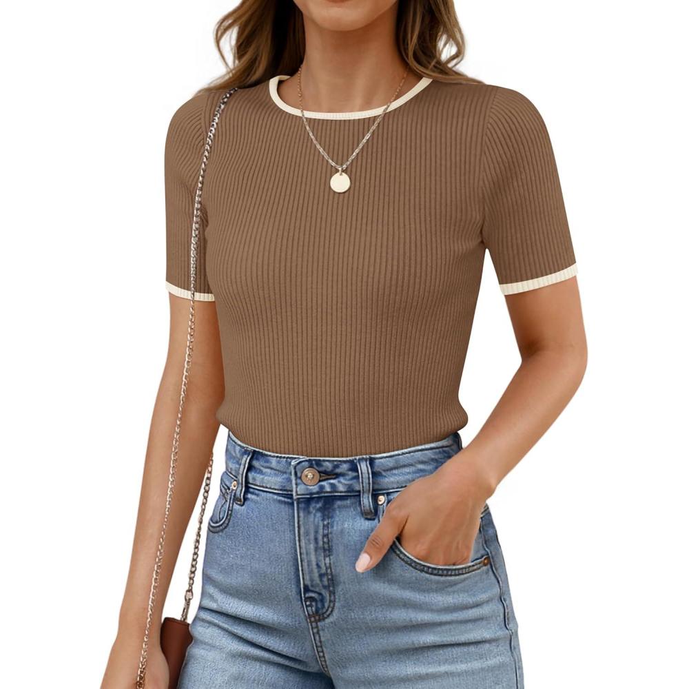 imageZESICA Womens Summer Short Sleeve Ribbed Knit Slim Fit T Shirt 2026 Crewneck Basic Casual Color Block Tee TopsBrown