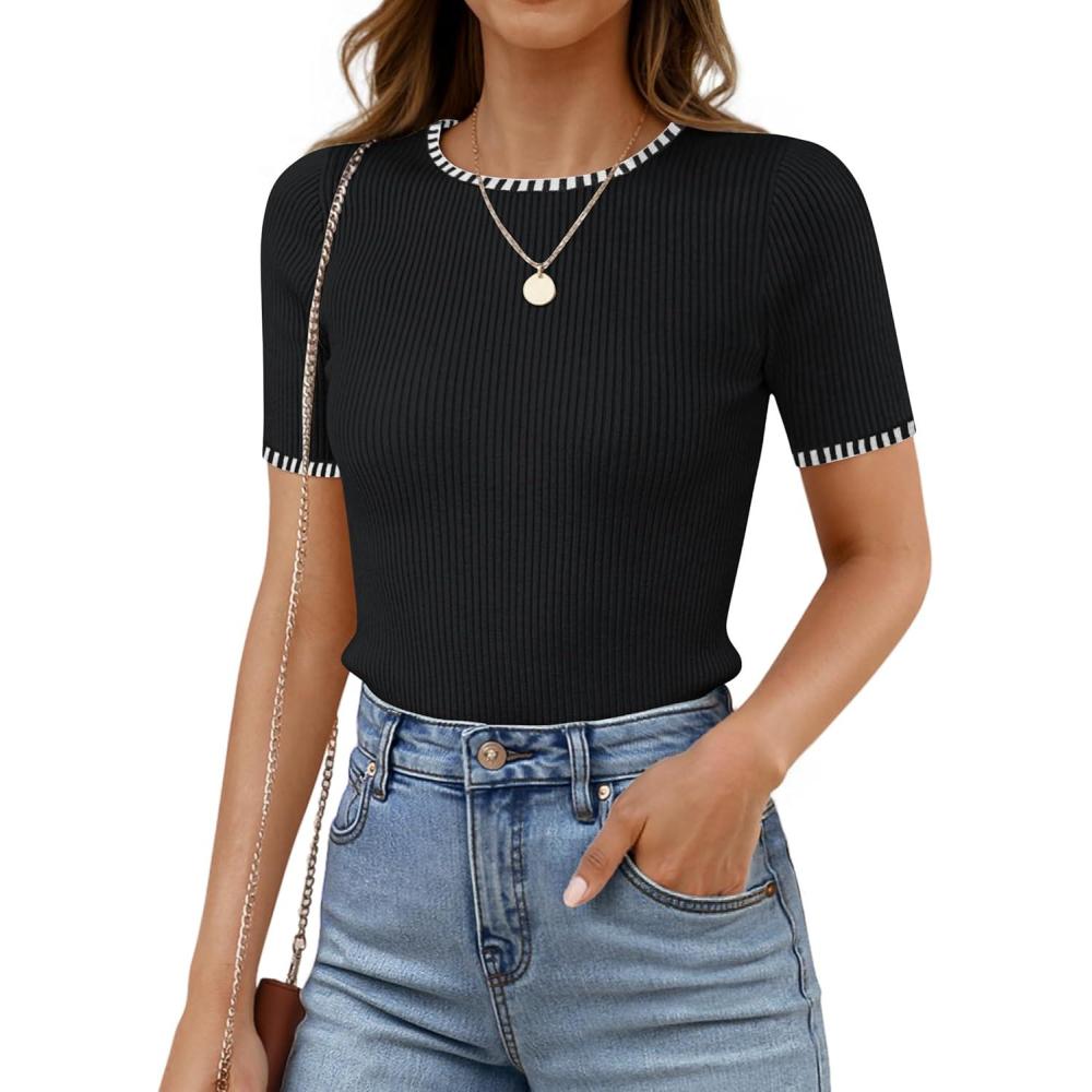 imageZESICA Womens Summer Short Sleeve Ribbed Knit Slim Fit T Shirt 2026 Crewneck Basic Casual Color Block Tee TopsDim