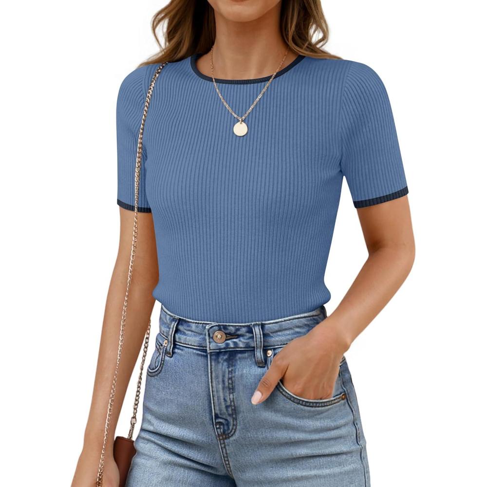 imageZESICA Womens Summer Short Sleeve Ribbed Knit Slim Fit T Shirt 2026 Crewneck Basic Casual Color Block Tee TopsDustyblue