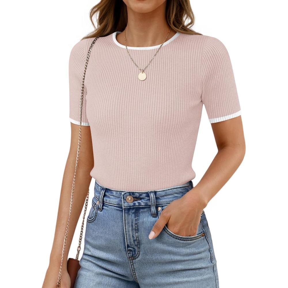 imageZESICA Womens Summer Short Sleeve Ribbed Knit Slim Fit T Shirt 2026 Crewneck Basic Casual Color Block Tee TopsDustypink