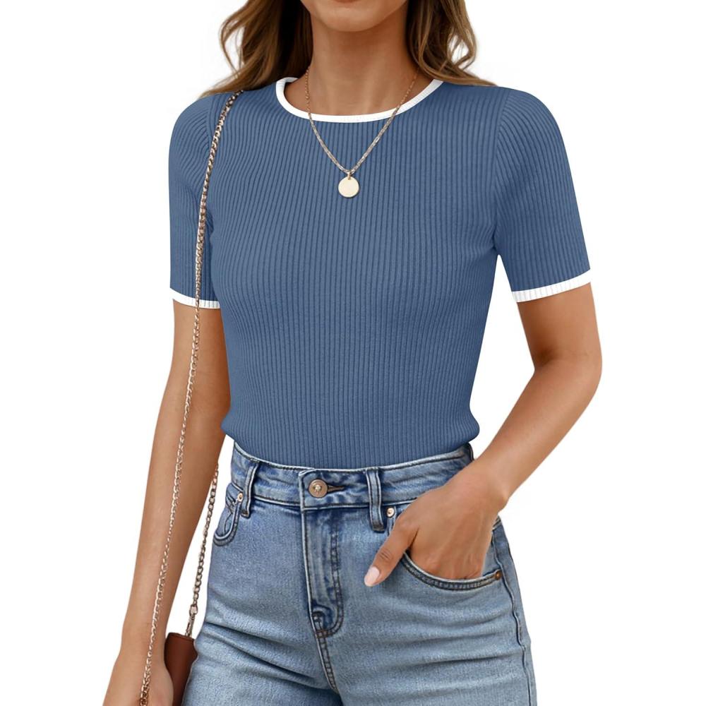 imageZESICA Womens Summer Short Sleeve Ribbed Knit Slim Fit T Shirt 2026 Crewneck Basic Casual Color Block Tee TopsGreyblue