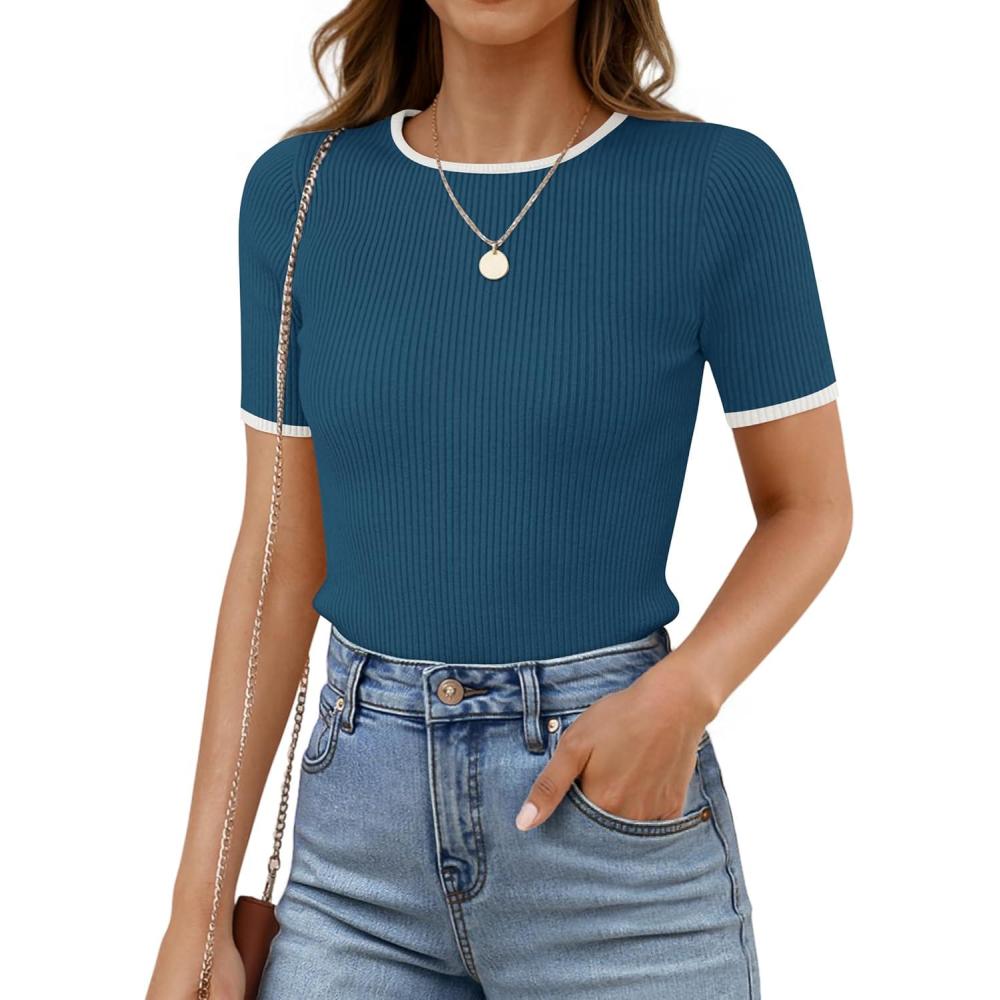 imageZESICA Womens Summer Short Sleeve Ribbed Knit Slim Fit T Shirt 2026 Crewneck Basic Casual Color Block Tee TopsNavy
