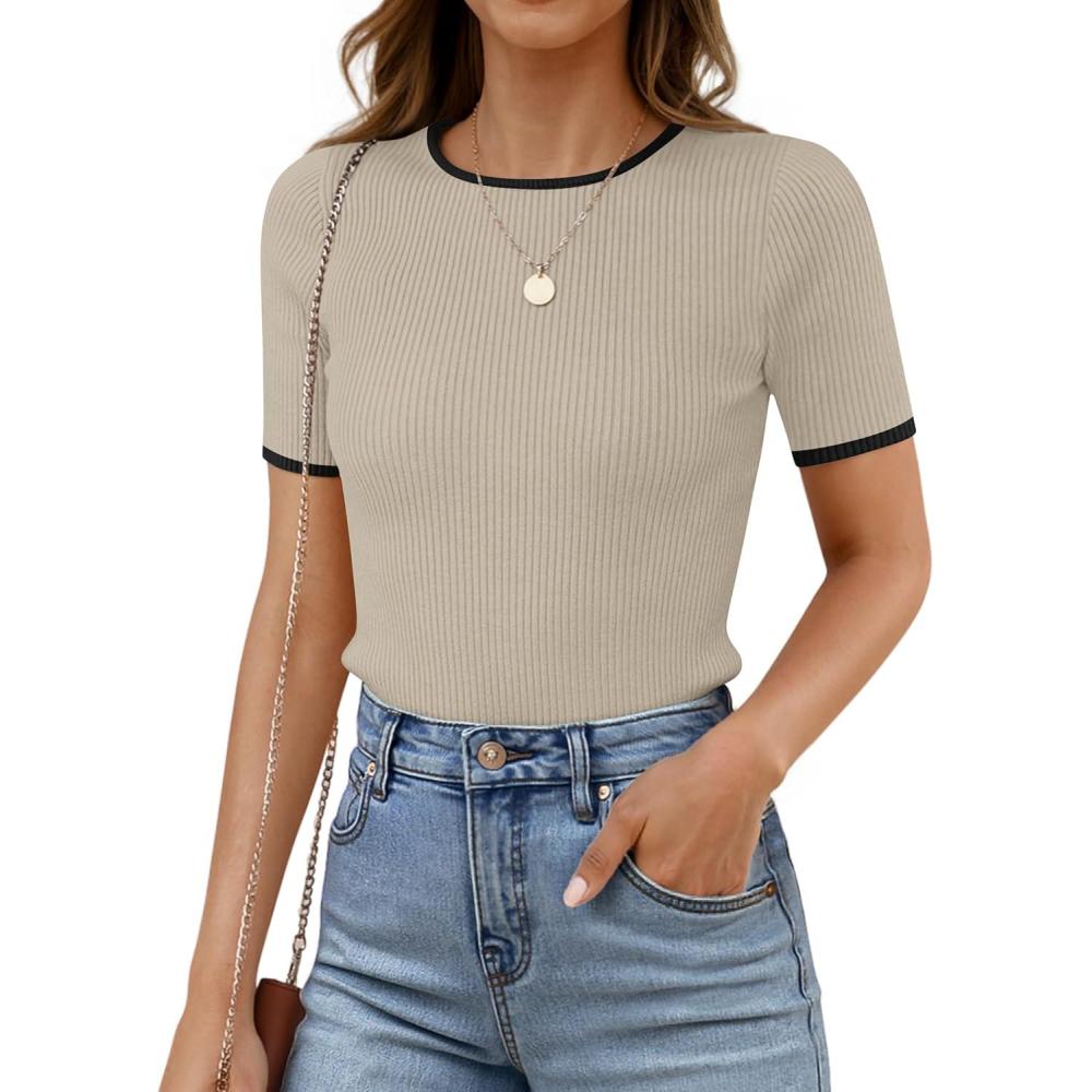 imageZESICA Womens Summer Short Sleeve Ribbed Knit Slim Fit T Shirt 2026 Crewneck Basic Casual Color Block Tee TopsOats