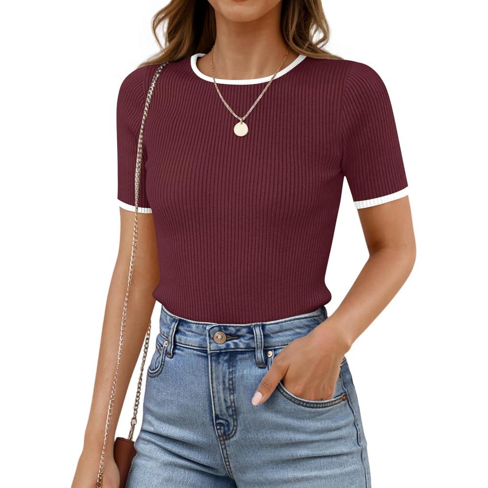 imageZESICA Womens Summer Short Sleeve Ribbed Knit Slim Fit T Shirt 2026 Crewneck Basic Casual Color Block Tee TopsRedwine