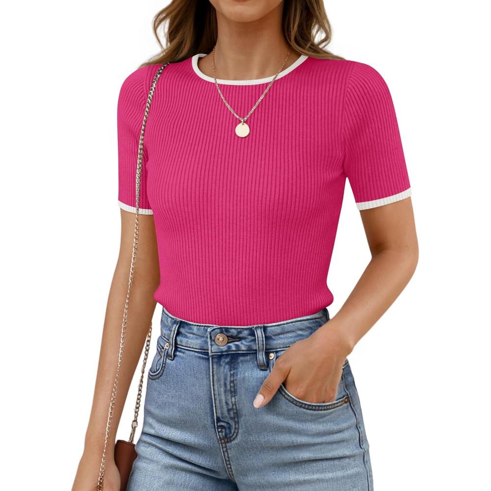 imageZESICA Womens Summer Short Sleeve Ribbed Knit Slim Fit T Shirt 2026 Crewneck Basic Casual Color Block Tee TopsRose