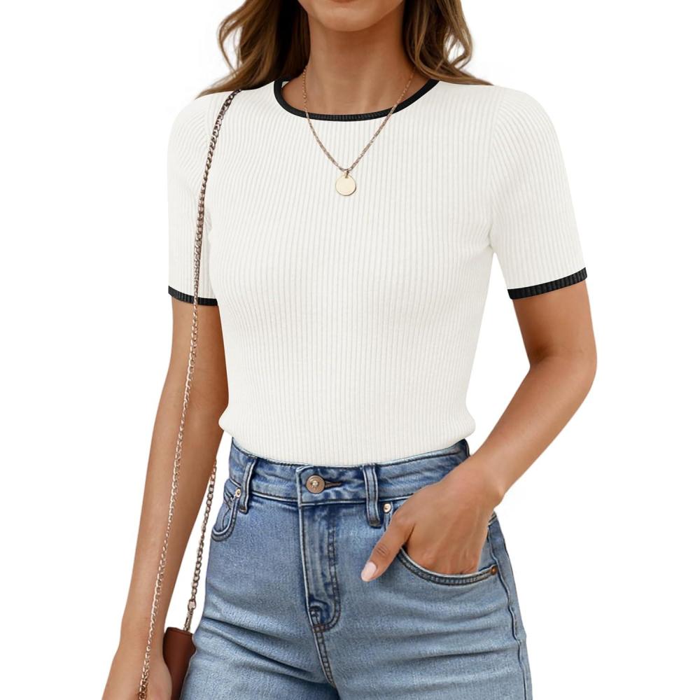 imageZESICA Womens Summer Short Sleeve Ribbed Knit Slim Fit T Shirt 2026 Crewneck Basic Casual Color Block Tee TopsWhite