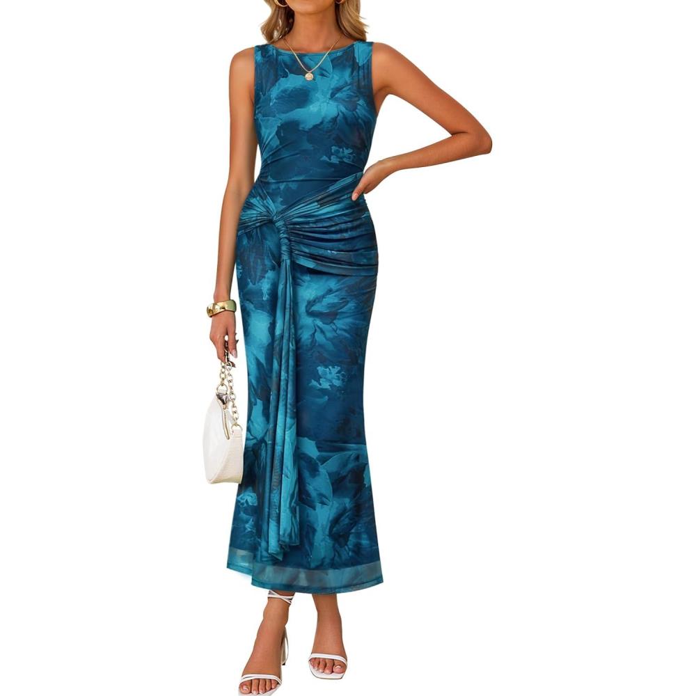 imageZESICA Womens Summer Sleeveless Bodycon Dress 2026 Crewneck Ruched Sexy Mesh Wedding Guest Cocktail Party Maxi DressesDarkblue