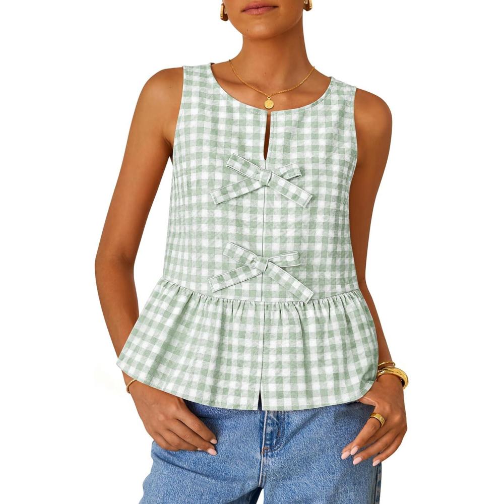 imageZESICA Womens Summer Sleeveless Gingham Tank Tops 2026 Crewneck Tie Front Top Loose Ruffle Peplum Babydoll BlousesGreen