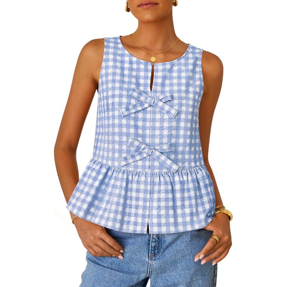 imageZESICA Womens Summer Sleeveless Gingham Tank Tops 2026 Crewneck Tie Front Top Loose Ruffle Peplum Babydoll BlousesLightblue
