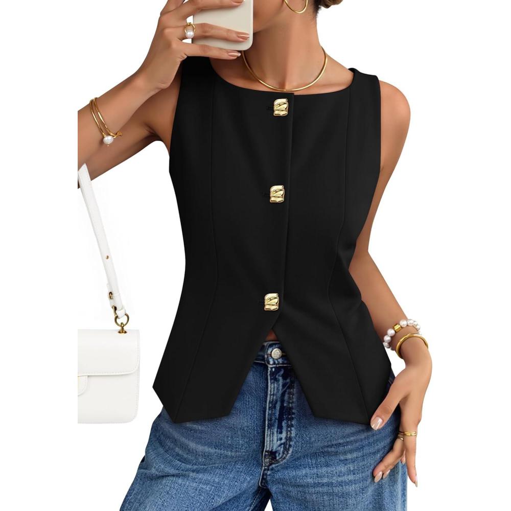 imageZESICA Womens Summer Sleeveless Suit Vest 2026 Boat Neck Button Down Formal Vest Tops Casual Trendy Work Blazer WaistcoatBlack