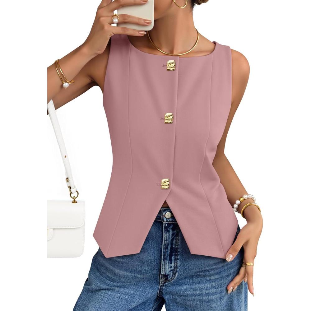 imageZESICA Womens Summer Sleeveless Suit Vest 2026 Boat Neck Button Down Formal Vest Tops Casual Trendy Work Blazer WaistcoatPink