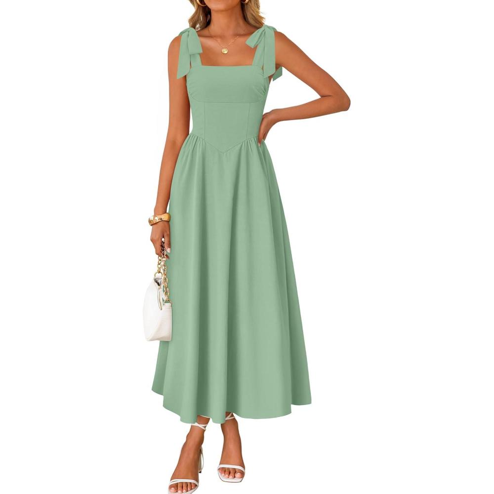 imageZESICA Womens Summer Spaghetti Strap Maxi Dress 2026 Tie Shoulder Square Neck Flowy Wedding Guest Party Beach Long DressesGreen