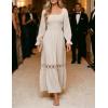 ZESICA Women’s 2026 Boho Long Sleeve Square Neck Smocked High Waist Flowy A Line Lace Trim Maxi Dress(Apricot)