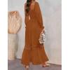 ZESICA Women’s 2026 Boho Long Sleeve Square Neck Smocked High Waist Flowy A Line Lace Trim Maxi Dress(Brown)