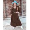 ZESICA Women’s 2026 Boho Long Sleeve Square Neck Smocked High Waist Flowy A Line Lace Trim Maxi Dress(Coffee)