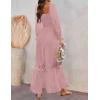 ZESICA Women’s 2026 Boho Long Sleeve Square Neck Smocked High Waist Flowy A Line Lace Trim Maxi Dress(Dark Pink)