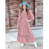 ZESICA Women’s 2026 Boho Long Sleeve Square Neck Smocked High Waist Flowy A Line Lace Trim Maxi Dress(Dark Pink)