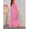 ZESICA Women’s 2026 Boho Long Sleeve Square Neck Smocked High Waist Flowy A Line Lace Trim Maxi Dress(Hot Pink)