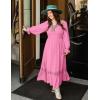 ZESICA Women’s 2026 Boho Long Sleeve Square Neck Smocked High Waist Flowy A Line Lace Trim Maxi Dress(Hot Pink)