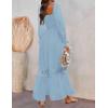 ZESICA Women’s 2026 Boho Long Sleeve Square Neck Smocked High Waist Flowy A Line Lace Trim Maxi Dress(Light Blue)