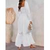 ZESICA Women’s 2026 Boho Long Sleeve Square Neck Smocked High Waist Flowy A Line Lace Trim Maxi Dress(White)