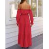 ZESICA Women’s 2026 Boho Sexy Off Shoulder Long Sleeve Smocked High Waist Side Split Flowy A Line Tiered Long Maxi Dress(Cherry)