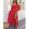 ZESICA Women’s 2026 Boho Sexy Off Shoulder Long Sleeve Smocked High Waist Side Split Flowy A Line Tiered Long Maxi Dress(Cherry)
