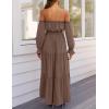 ZESICA Women’s 2026 Boho Sexy Off Shoulder Long Sleeve Smocked High Waist Side Split Flowy A Line Tiered Long Maxi Dress(Coffee)