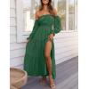 ZESICA Women’s 2026 Boho Sexy Off Shoulder Long Sleeve Smocked High Waist Side Split Flowy A Line Tiered Long Maxi Dress(Dark Green)