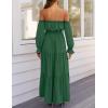 ZESICA Women’s 2026 Boho Sexy Off Shoulder Long Sleeve Smocked High Waist Side Split Flowy A Line Tiered Long Maxi Dress(Dark Green)