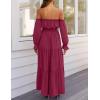 ZESICA Women’s 2026 Boho Sexy Off Shoulder Long Sleeve Smocked High Waist Side Split Flowy A Line Tiered Long Maxi Dress(Fuchsia)