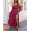 ZESICA Women’s 2026 Boho Sexy Off Shoulder Long Sleeve Smocked High Waist Side Split Flowy A Line Tiered Long Maxi Dress(Fuchsia)