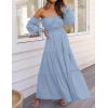 ZESICA Women’s 2026 Boho Sexy Off Shoulder Long Sleeve Smocked High Waist Side Split Flowy A Line Tiered Long Maxi Dress(Light Blue)